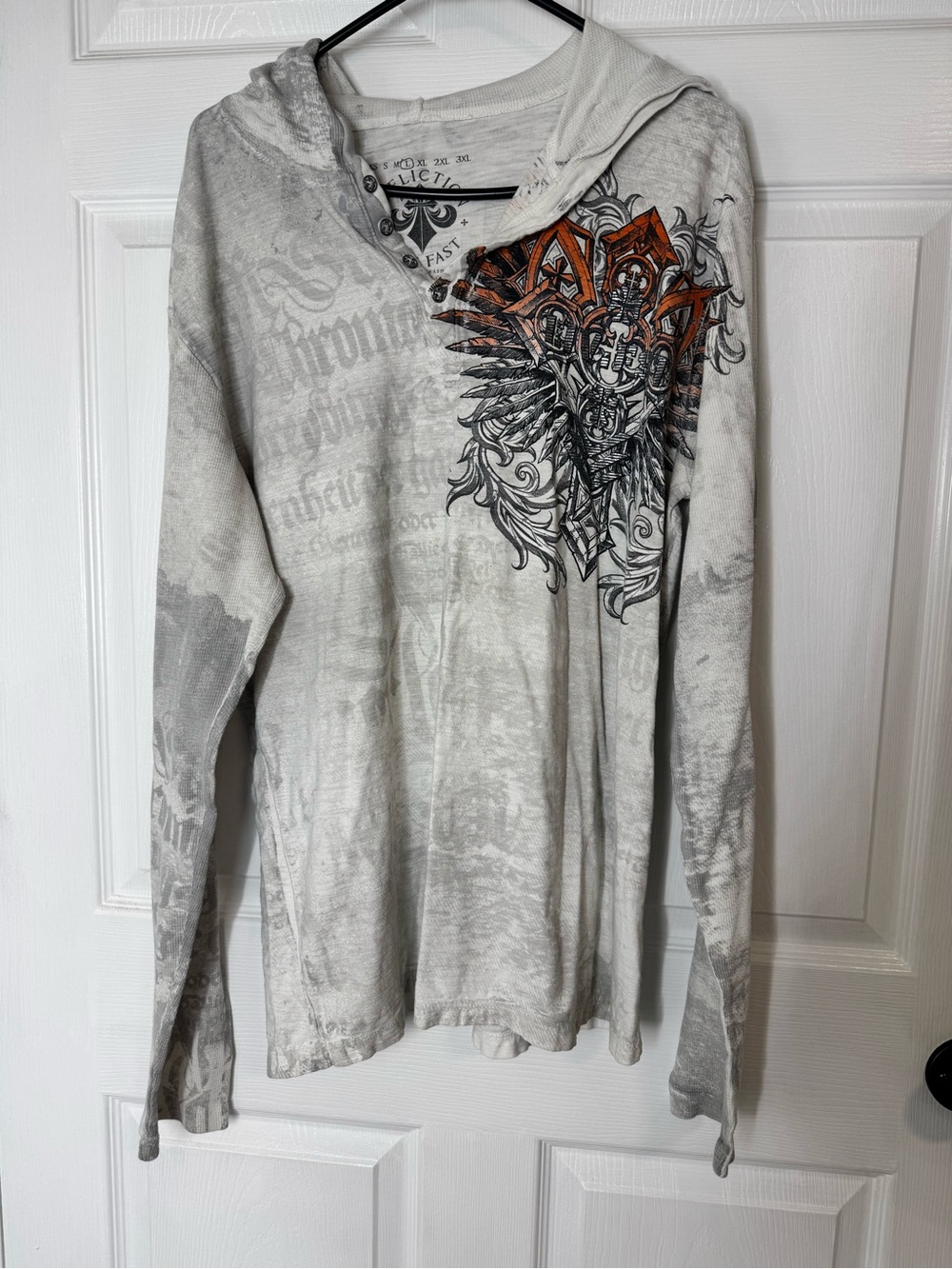 Affliction Light Gray Hooded Long-Sleeve with Orange Graphic